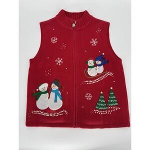 Vintage Ugly Christmas Sweater Vest Women's Petite Large Embroidered Snowman